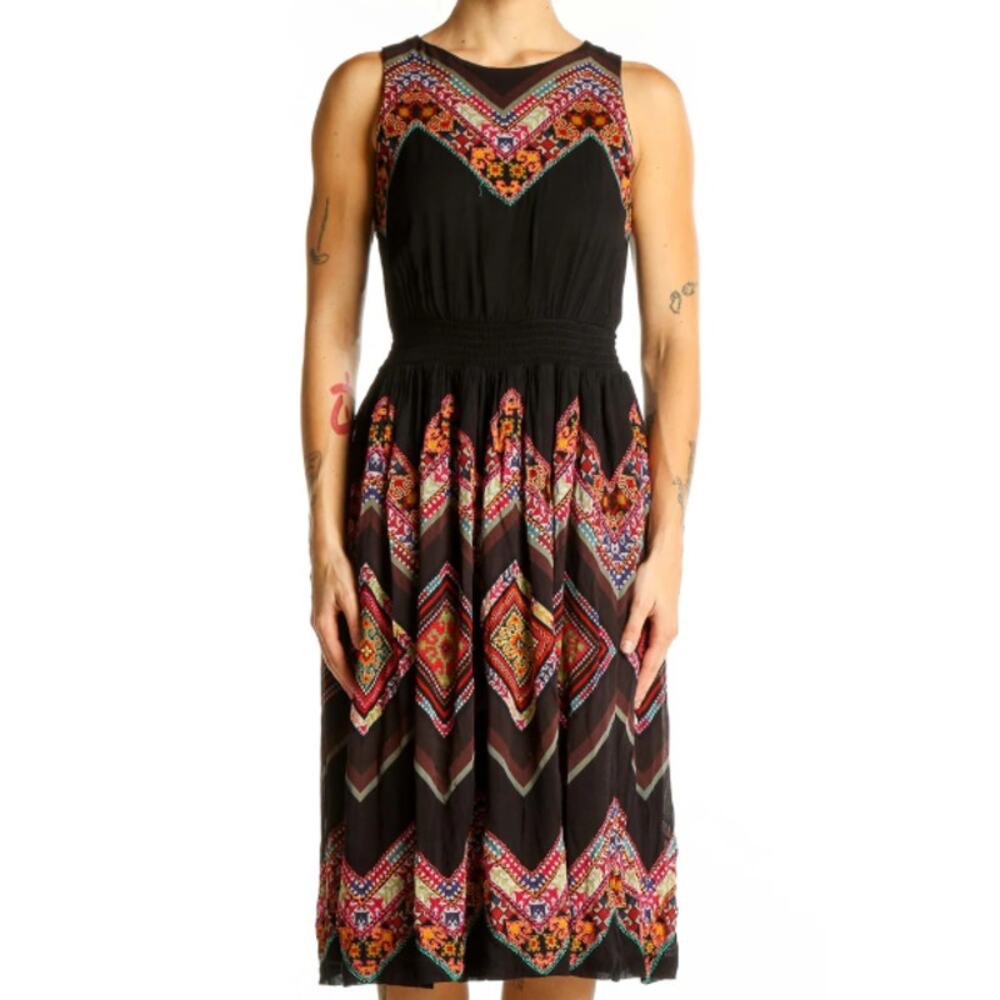 Tanvi Kedia Floral Sleeveless‎ Embroidered Multicolor Midi Dress Black Size 2